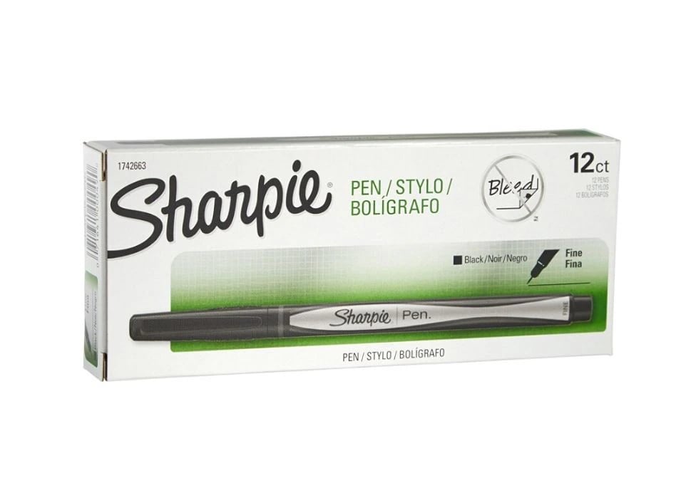 Sanford Sharpie Fine Point Pen, 0.3mm, Black Ink, Black Barrel, 12/Pack