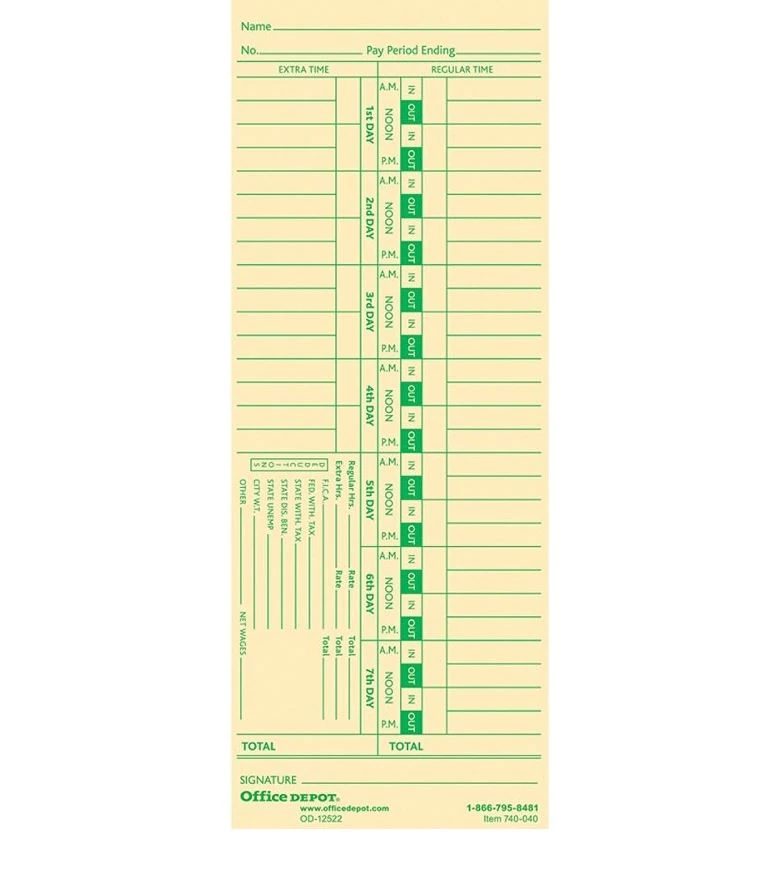 Office Depot Business Services Timecard Biweekly 1-7 2-Sided Manila, 100/Pack, 01KT0J0766X6X3F6S5EZ2TZ7GT