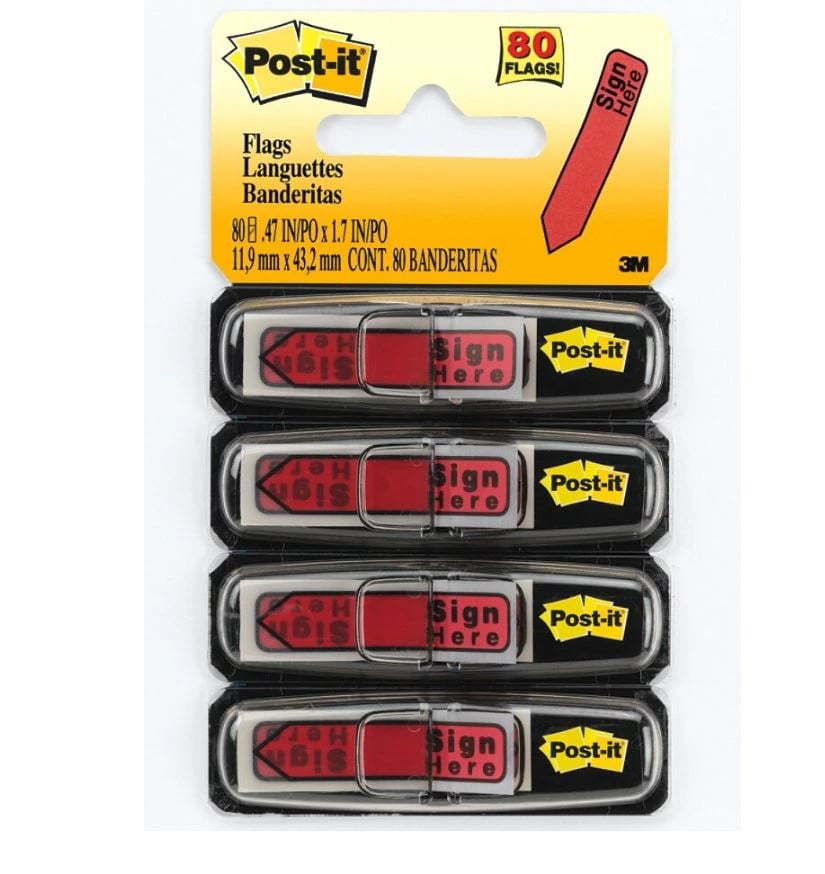 Post-It Sign Here Red Arrow Printed Flags, 1/2 in, 20 Flags/Pad, 4 Pads/Pack, 100/Package