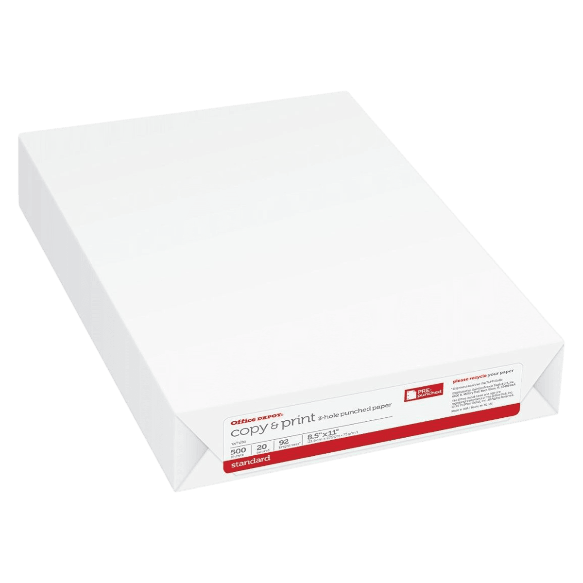 Office Depot Copy Paper, 8.5" x 11", 20 lb, 3-Hole Punch, 500 Sheets/Ream, 500 Reams