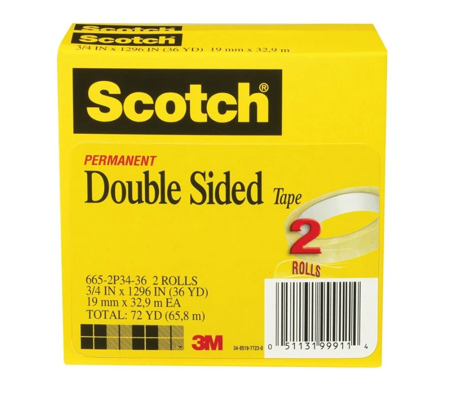 Scotch 665 Permanent Double-Sided Tape, 3/4 in x 1296 in, 2/Pack