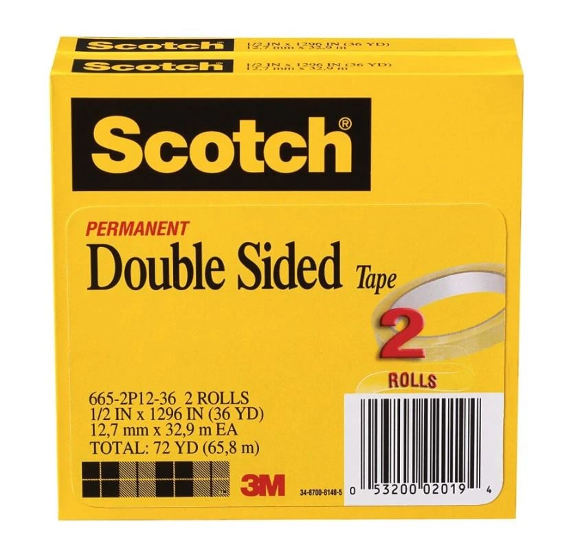 Scotch 665 Permanent Double-Sided Tape, 1/2 in x 1296 in, 2/Pack