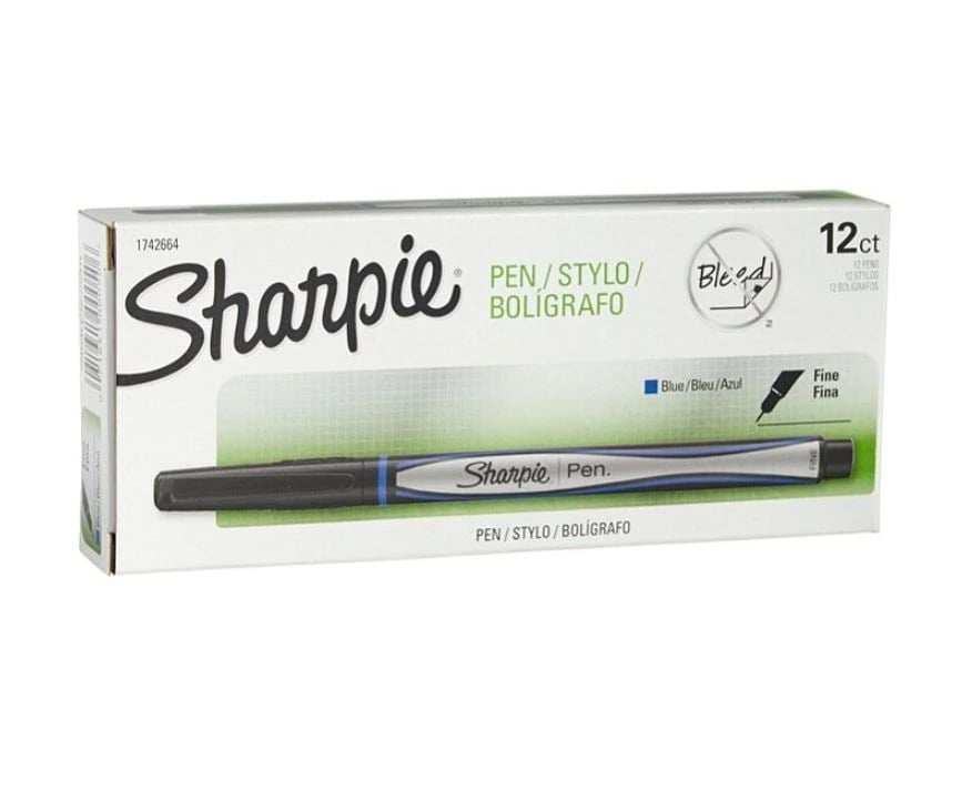 Sanford Sharpie Fine Point Pen, 0.3mm, Blue Ink, Black Barrel, 12/Pack