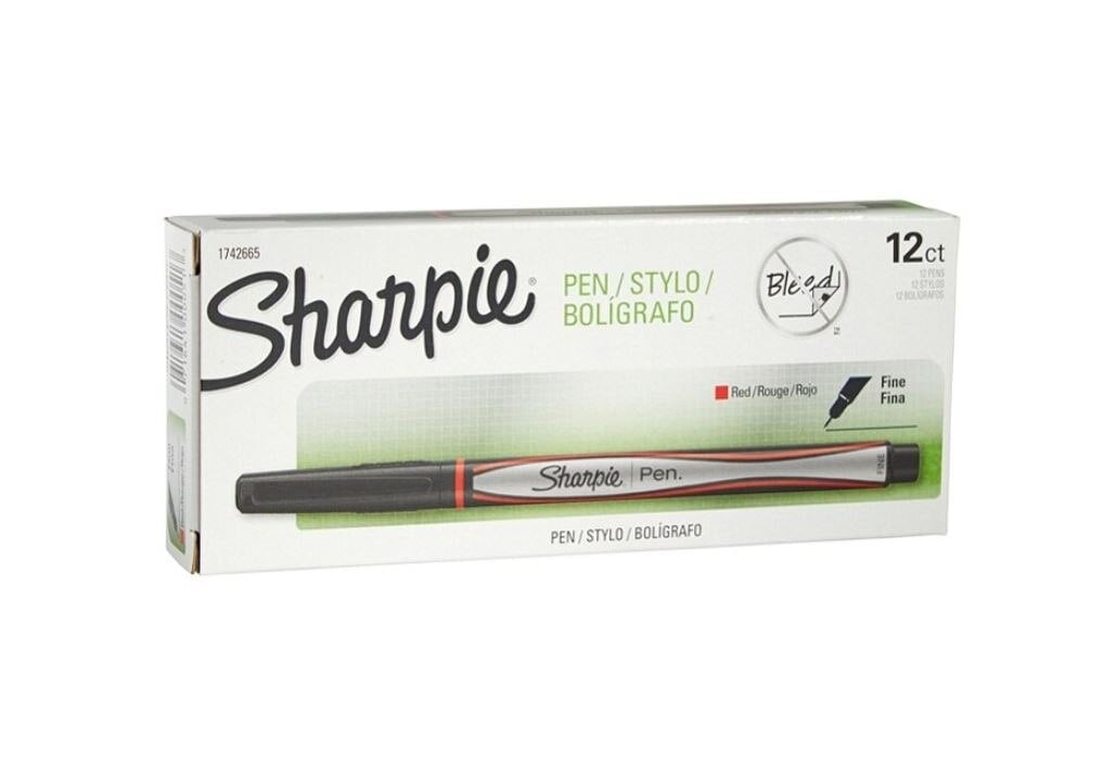 Sharpie Fine Point Pen, 0.3mm, Red Ink, Black Barrel, 12/Pack