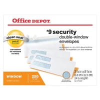 Office Depot Envelope #9 Double Window, 3-7/8" x 8-7/8", White, 250/Box