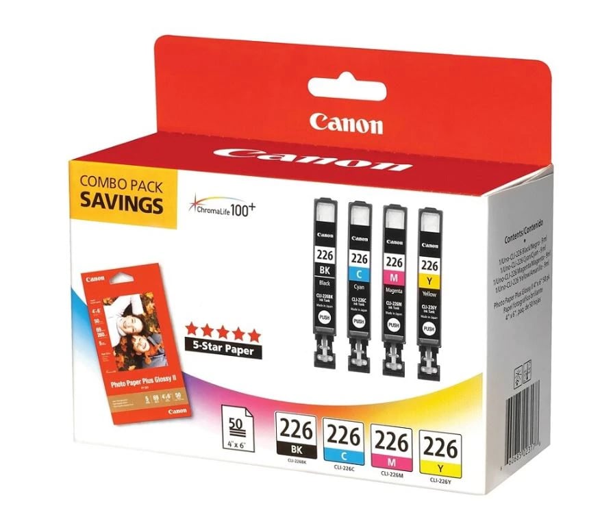 Canon CLI-226 ChromaLife 100+ Ink Tanks, 4-Color Set with 50 Sheets Paper Combo