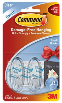 3M Command Clear Hooks, Small, 1-Lb Capacity, 2/Pack