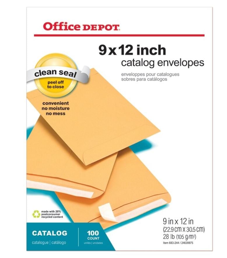Clean Seal Catalog Envelopes, 9 x 12 in, Brown, 100/Box