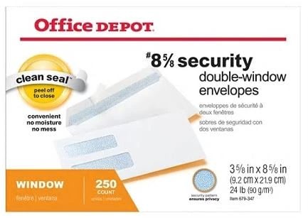 Envelope #8 Security Double-Window, 3.625 x 8.625 in, White, 250/Box