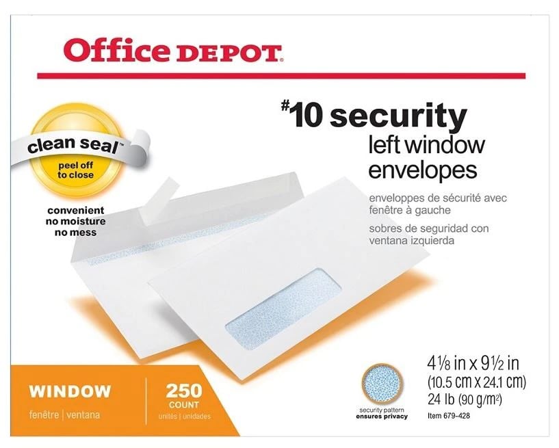 Envelope #10 Security Window, 4 1/8 x 9.5 in, White, 250/Box