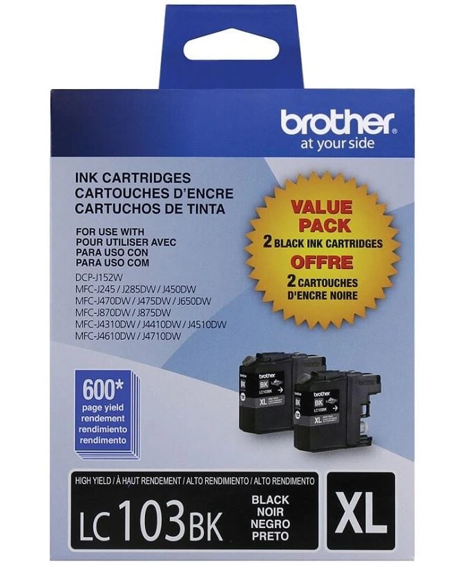 Brother LC103 High-Yield Black Ink Cartridges, 2/Pack