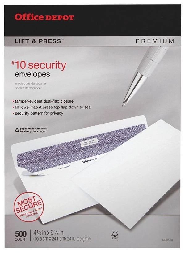 Envelope Sec #10 Lift & Press, 4 1/8 in x 9 1/2 in, White, 500/Box