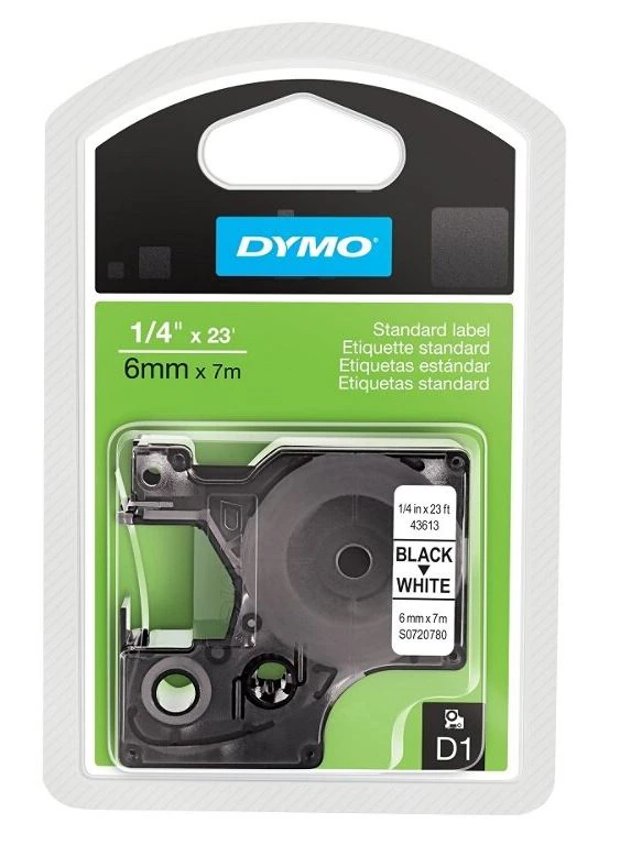 Dymo D1 Black-On-White Tape, 0.25 in x 23 ft, 43613