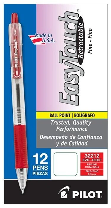Pilot EasyTouch Retractable Ballpoint Pens, Fine Point, Red, 12/Pack