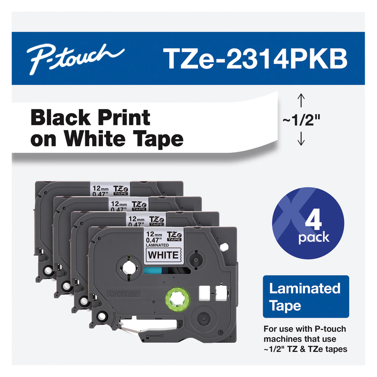Brother P-Touch TZe-231 Label Tape, 1/2" x 26-1/4', White/Black, 4/Pack
