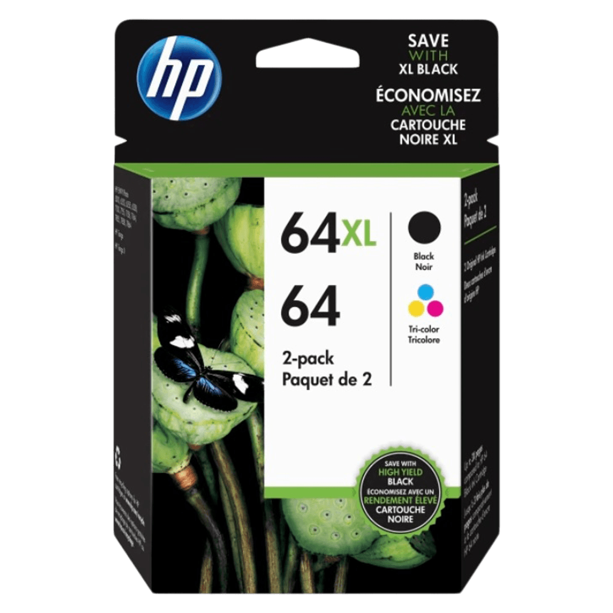 HP 64XL/64 Ink Cartridge, Black/Tricolor, 2-Pack