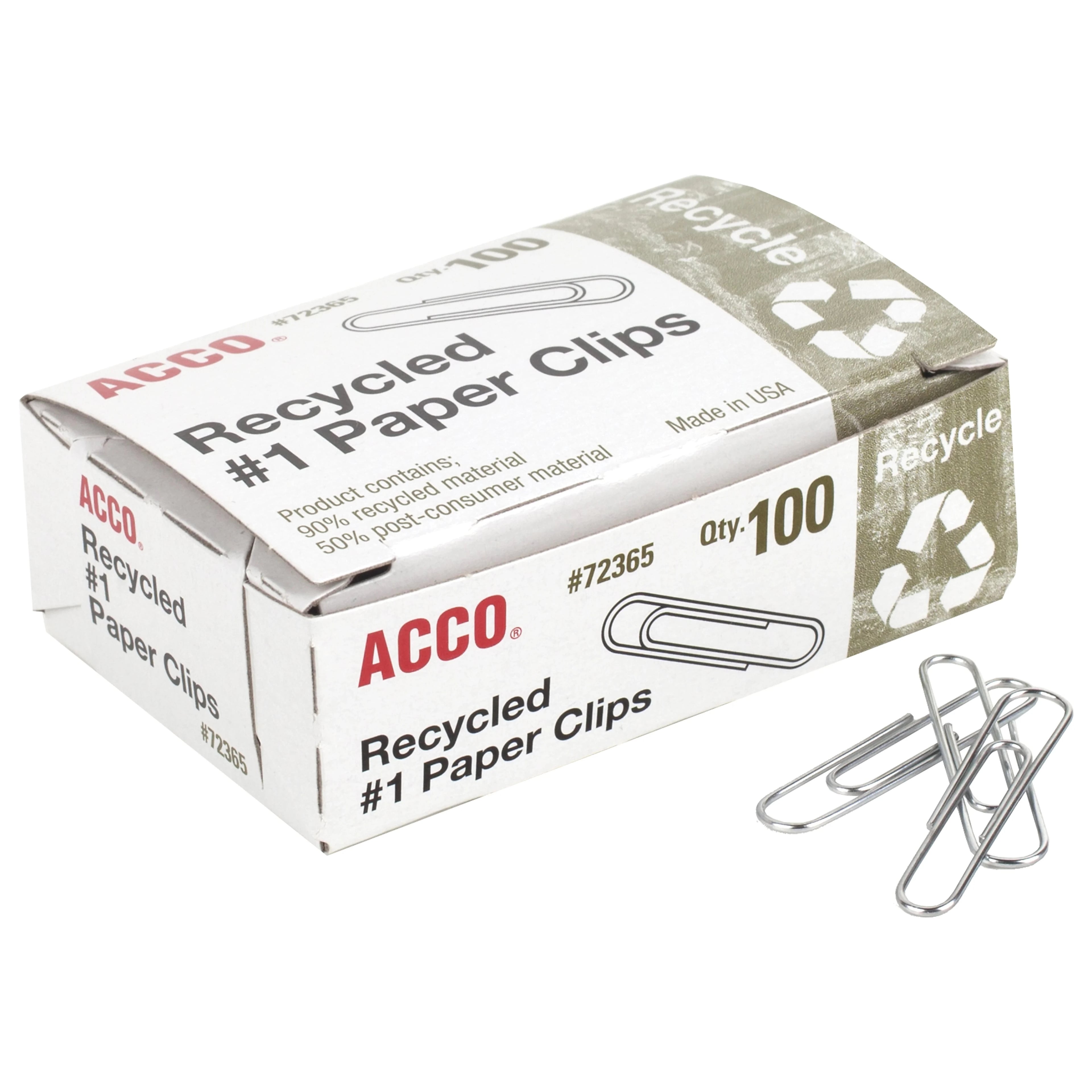 ACCO Paper Clips No. 1, 90% Recycled, Silver, Medium, 100/Box