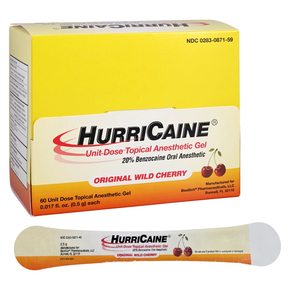 HurriCaine Topical Anesthetic Gel Unit Dose, Cherry, 20% Benzocaine, 4 x 1.2 g Prefilled Syringes with Tips, 60/Box