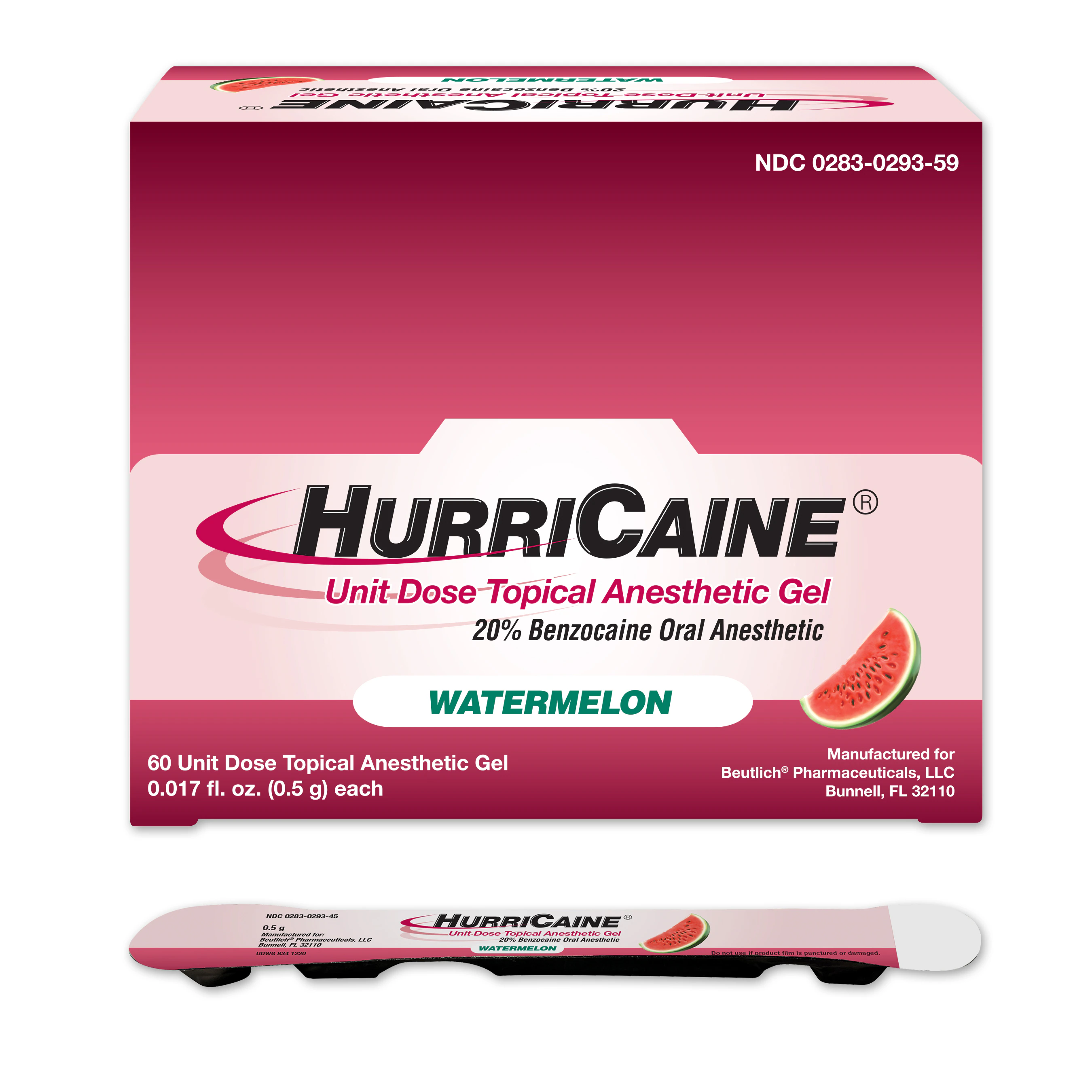 HurriCaine Topical Anesthetic Gel Unit Dose, Watermelon, 20% Benzocaine, Prefilled Syringes, 4 x 1.2g, 60/Box