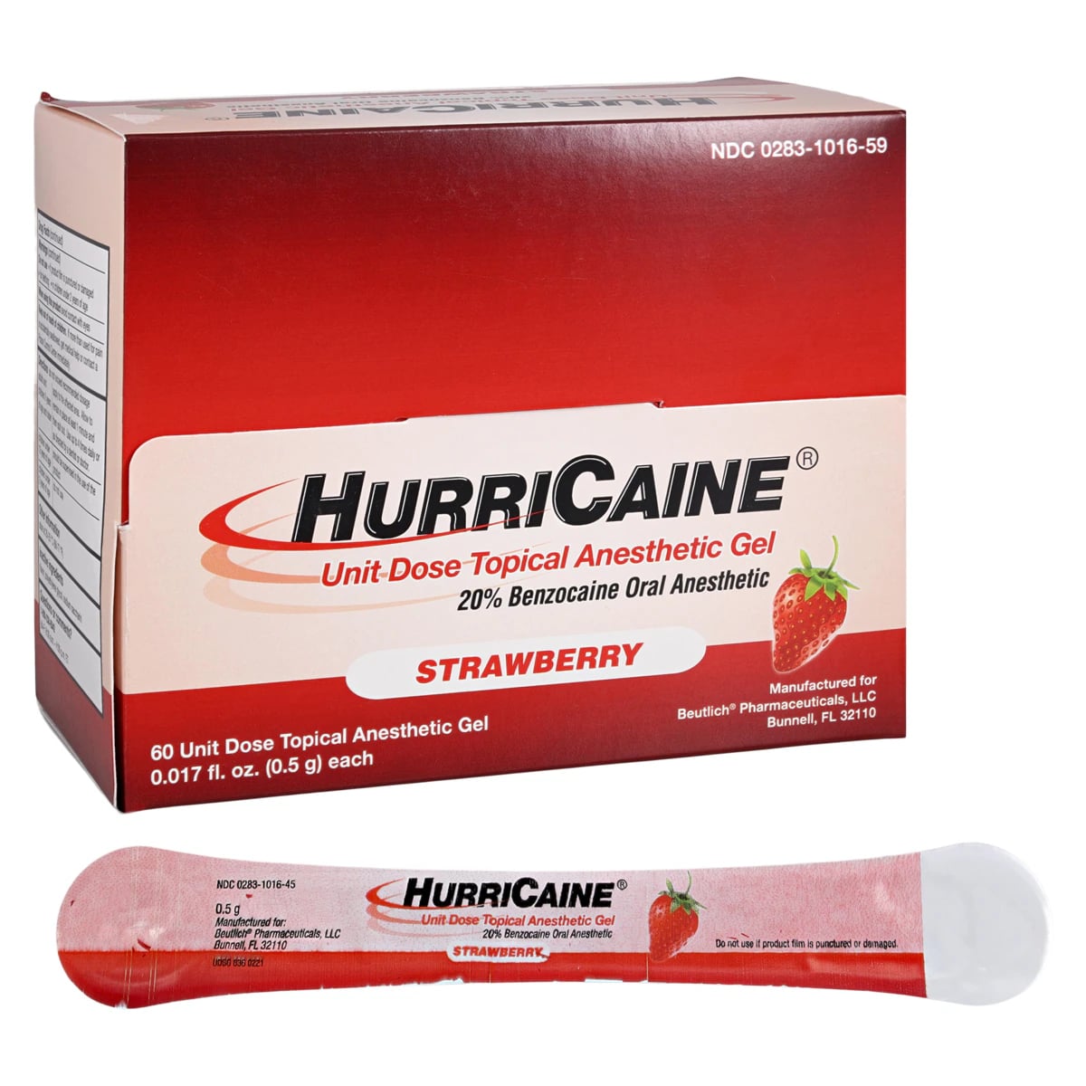 HurriCaine Topical Anesthetic Gel Unit Dose, Strawberry, 20% Benzocaine, Prefilled Syringes, 4 x 1.2g, 60/Box
