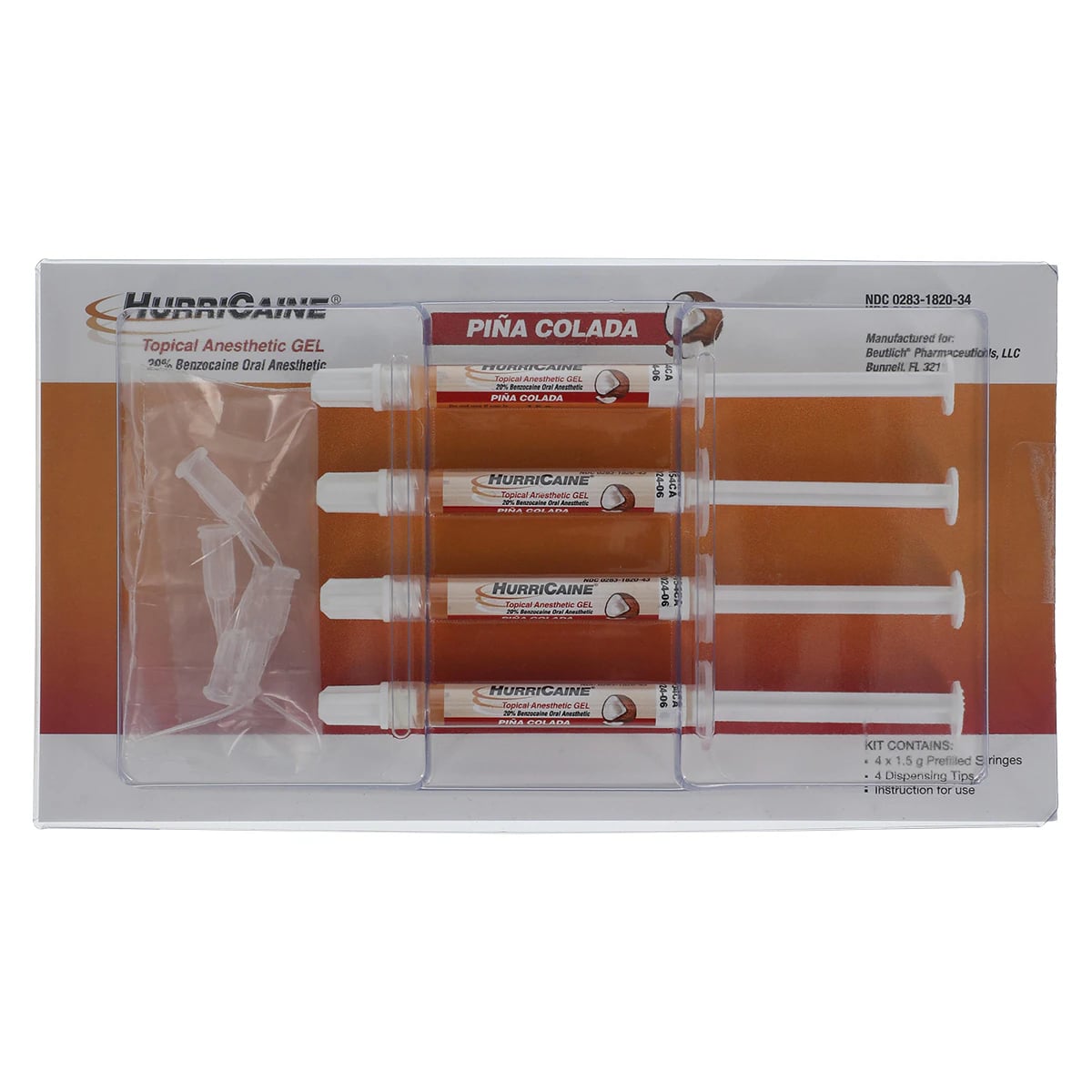 HurriCaine Topical Anesthetic Gel UD Syringe, Pina Colada, 20% Benzocaine, 1.2g, 4/Pk