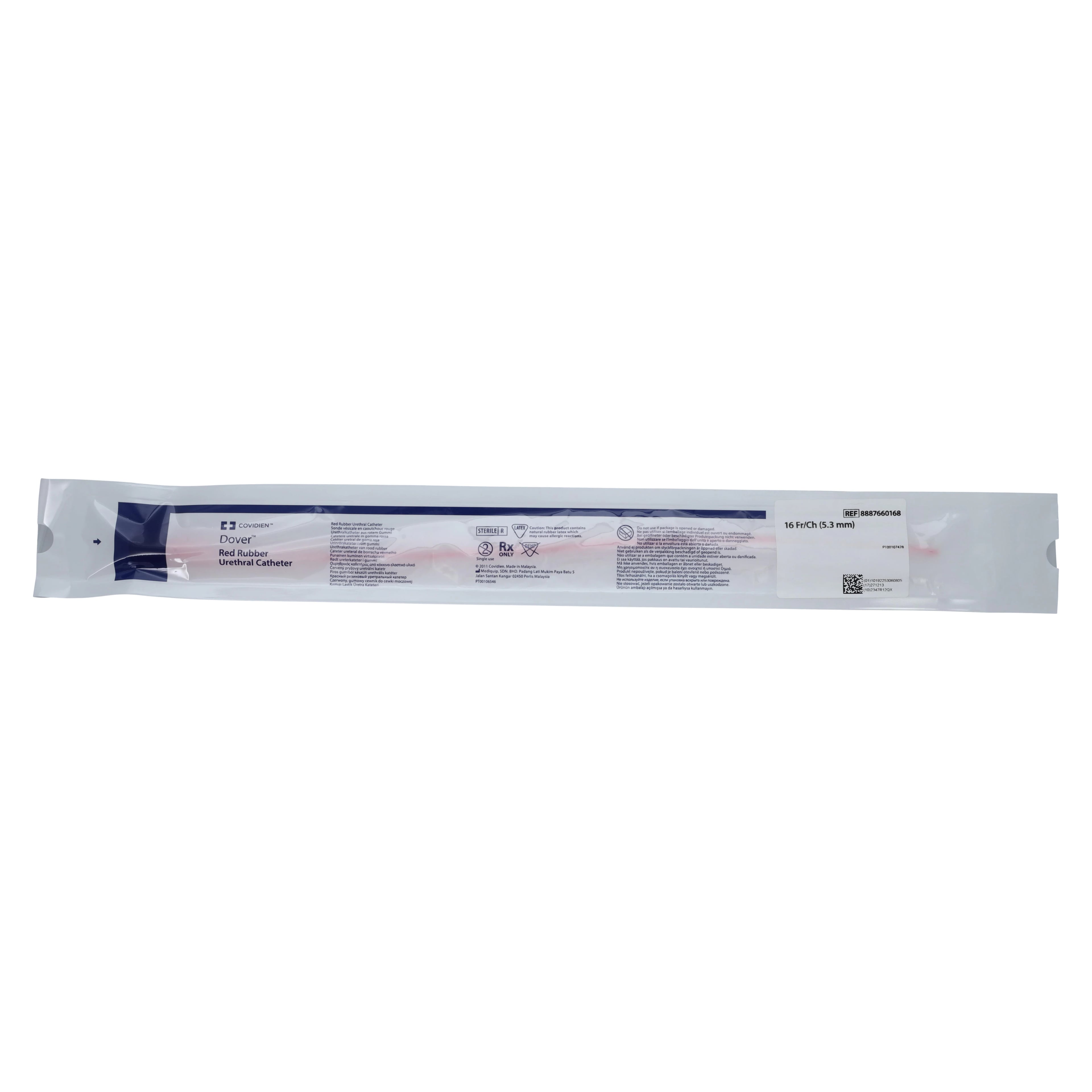 Cardinal Dover Robinson Intermittent Catheter, Sterile, Red Rubber, Rounded Tip, 16Fr