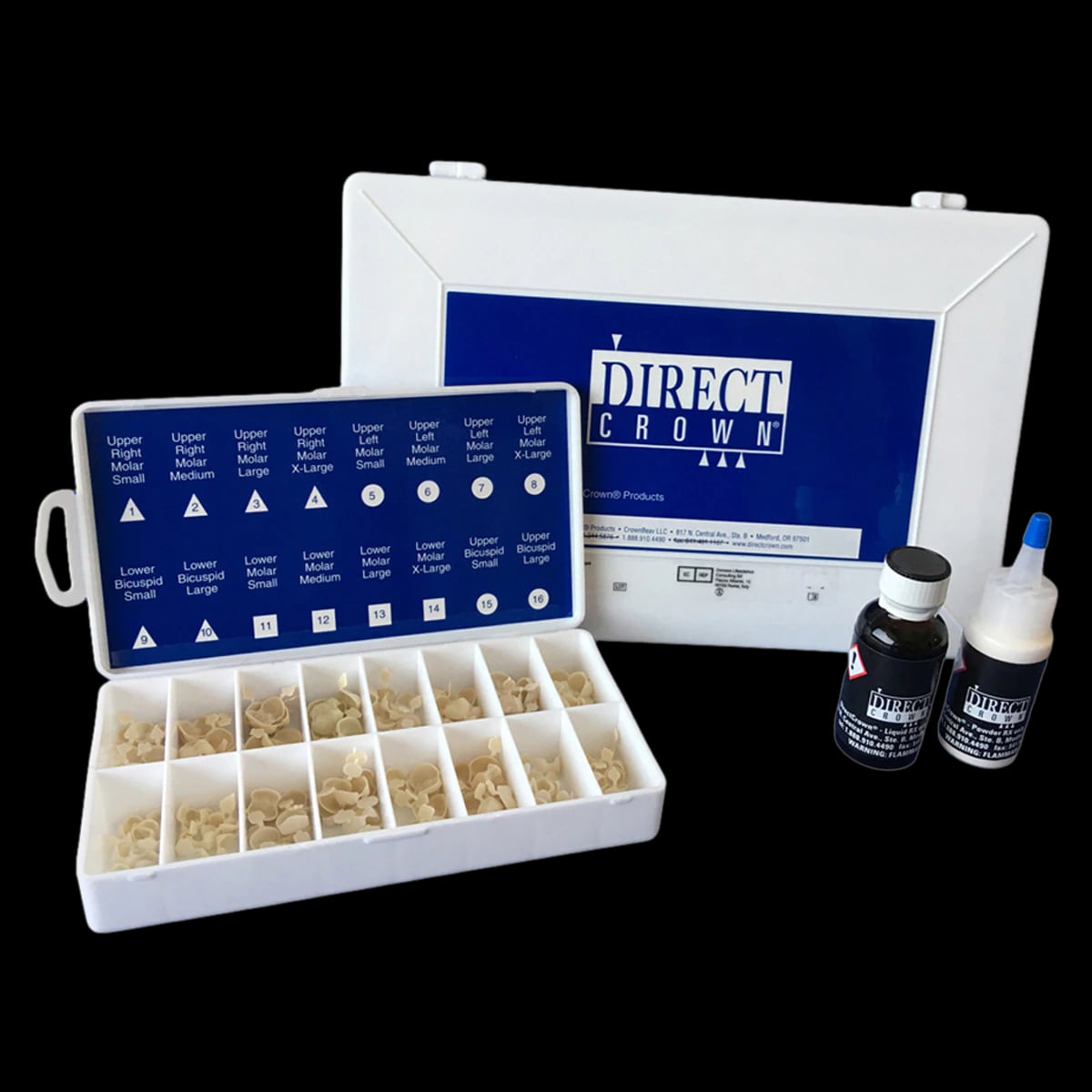 DirectCrown Adult Temporary Crown & Bridge Kit, 112 Crown Shells, Opaque, Sizes 1-16, Powder & Liquid, 1/Pkg