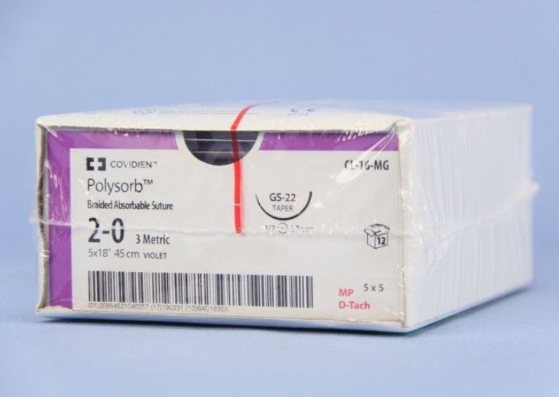 Medtronic Polysorb Absorbable Suture, 2-0, 18", GS-22, Taper Point 1/2 Circle Needle 27mm, Violet, 12/Case
