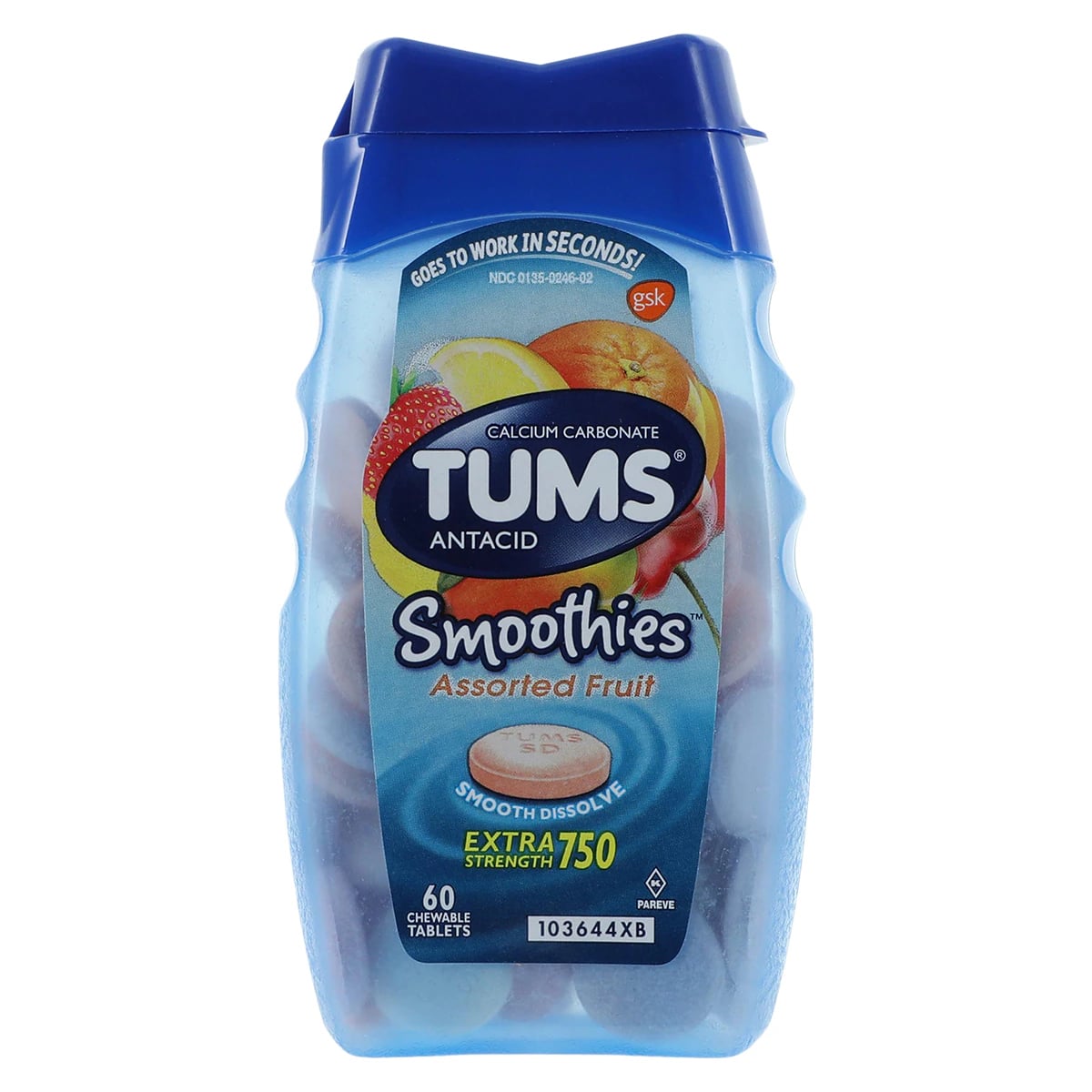 Tums Smoothies Assorted Fruit Antacid Chewable Tablets, 750mg, 60/Bottle