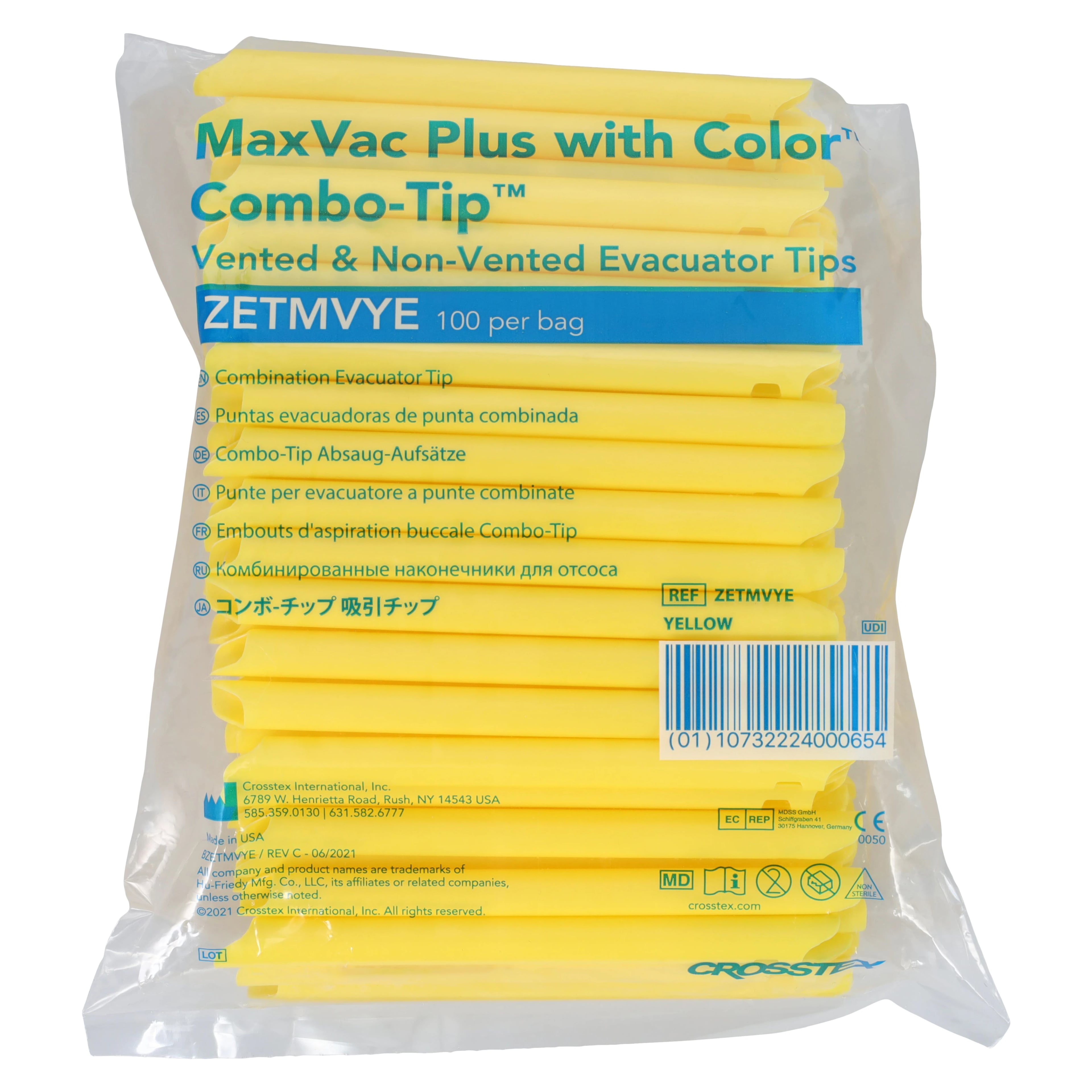 Crosstex MaxVac Plus Combo-Tip High-Volume Evacuator Tips, Vented/Non-Vented, Yellow, 100/Pk, ZETMVYE