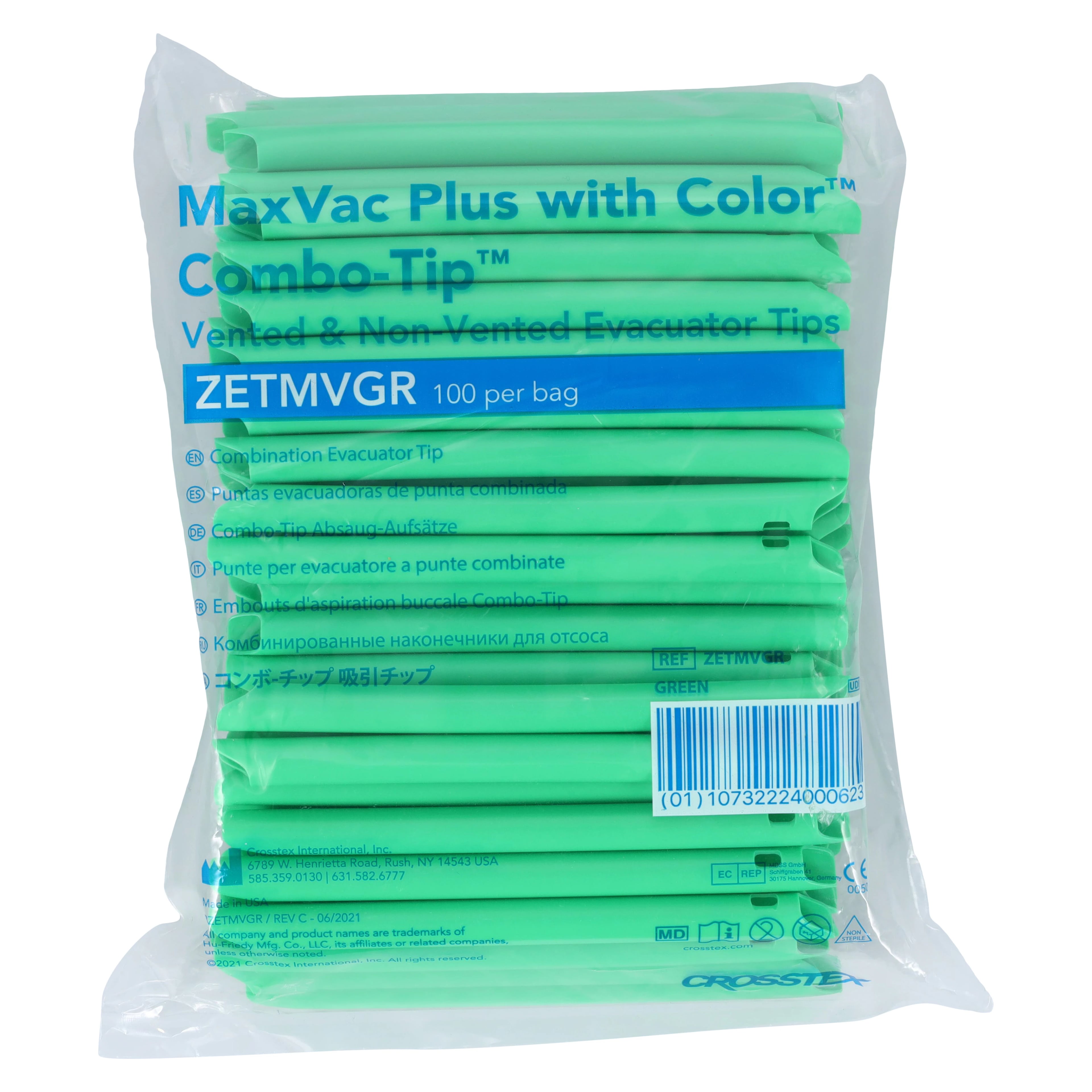 Crosstex MaxVac Plus Combo-Tip High-Volume Evacuator Tips, Vented/Non-Vented, Green, 100/Pk, ZETMVGR