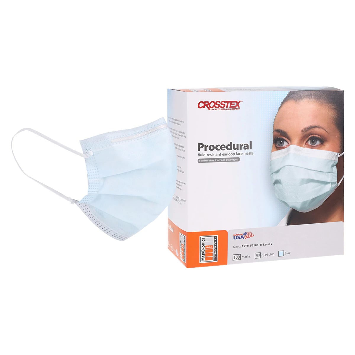 Crosstex Isofluid Plus Procedural Earloop Mask, ASTM Level 2, Blue, 100/Box, GCPBL100