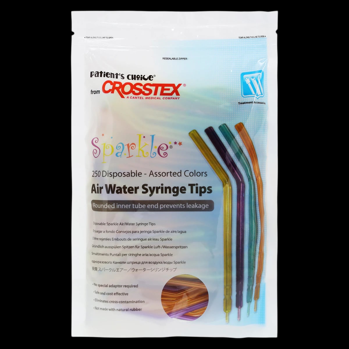 Crosstex Sparkle Disposable Air/Water Syringe Tips, Assorted Translucent Colors, 250/Bag, BCSAWS