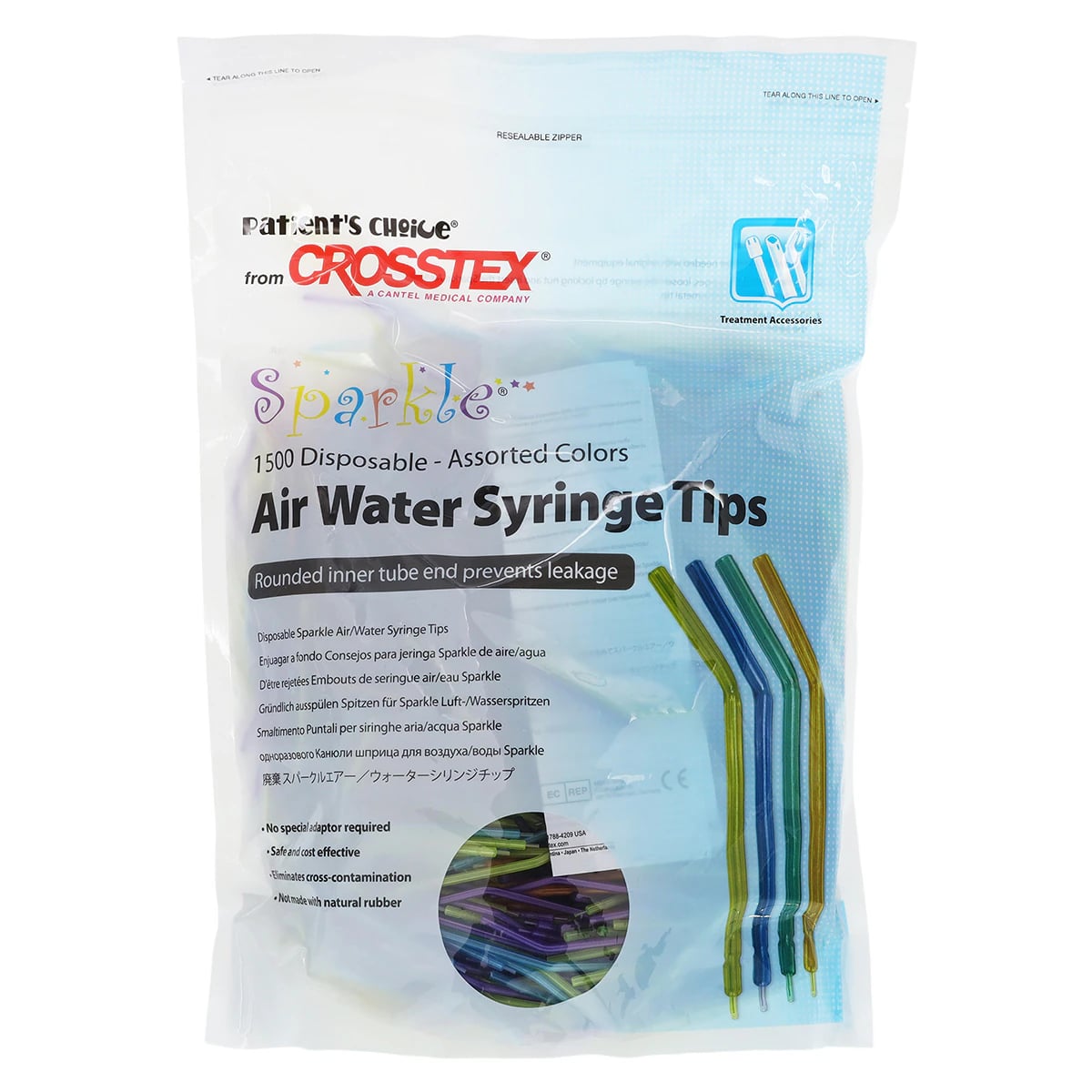 Crosstex Sparkle Disposable Air/Water Syringe Tips, Assorted Translucent Colors, 1500/Bag, BCSAWSB