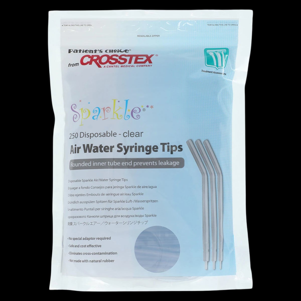 Crosstex Sparkle Disposable Air/Water Syringe Tips, Clear, 250/Bag, BCSAWSCL