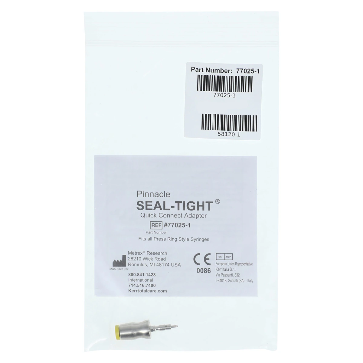 Kerr TotalCare Seal-Tight Quick-Connect Adapter, Type P, Press Ring Style, Disposable, 1/Pack, 77025-1