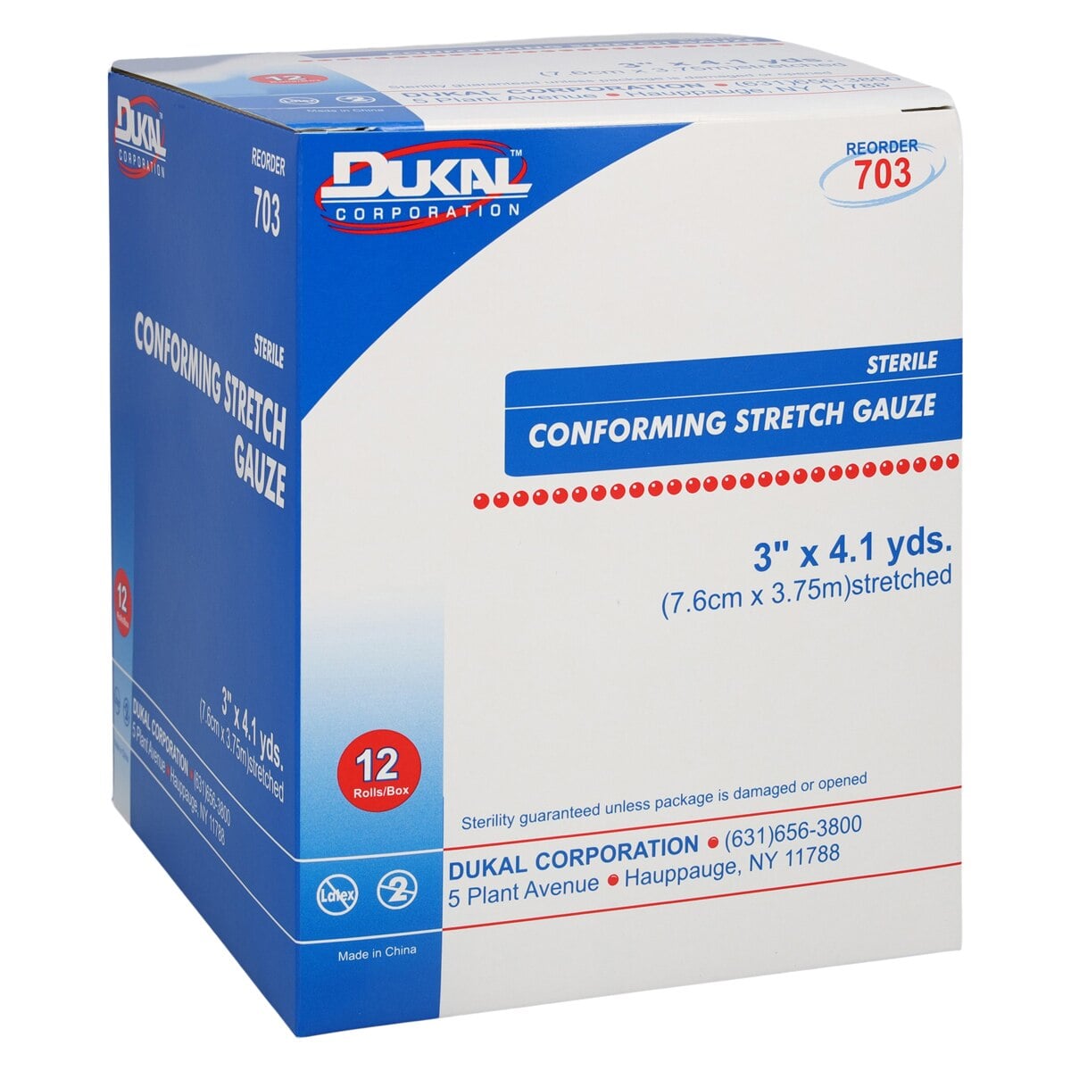 Dukal Conforming Bandage Gauze, Sterile, 3" x 4.1 yd, 12/Bag