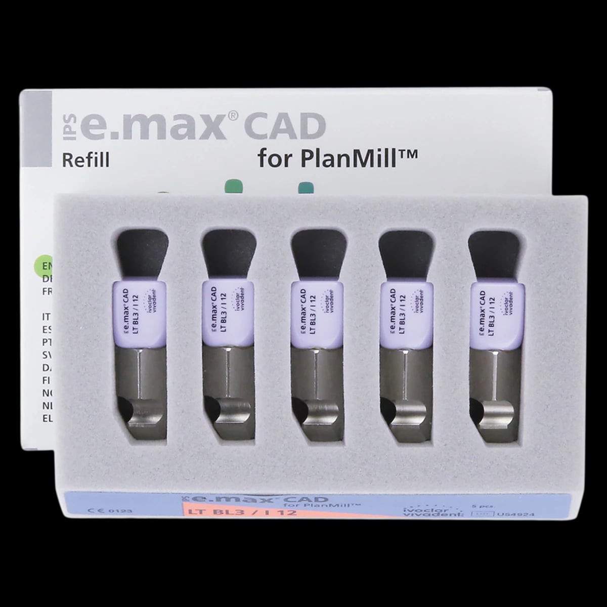 IPS e.max CAD PlanMill Blocks LT I12 Shade BL3, Low Translucency, Lithium Disilicate, 5/Box