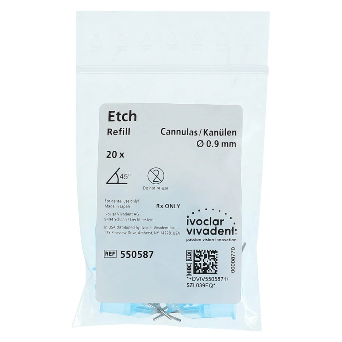 Ivoclar Vivadent Total Etch Application Cannulas, Pre-Bent 45°, Blue, 25 Gauge, 20/Box, #550587