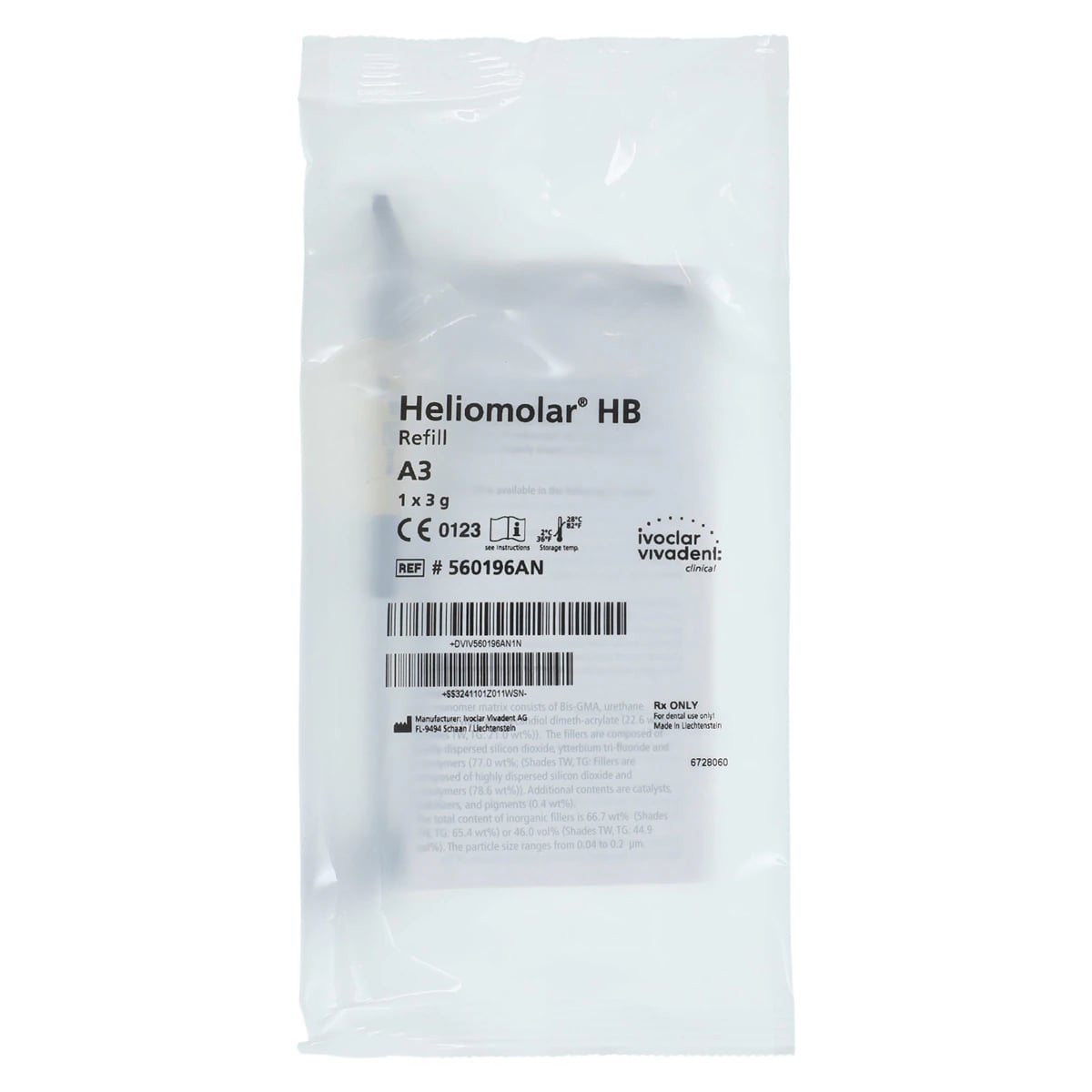 Heliomolar HB Light-Curing Microfill Composite Syringe Refill, Shade A3, 3g, 560196AN
