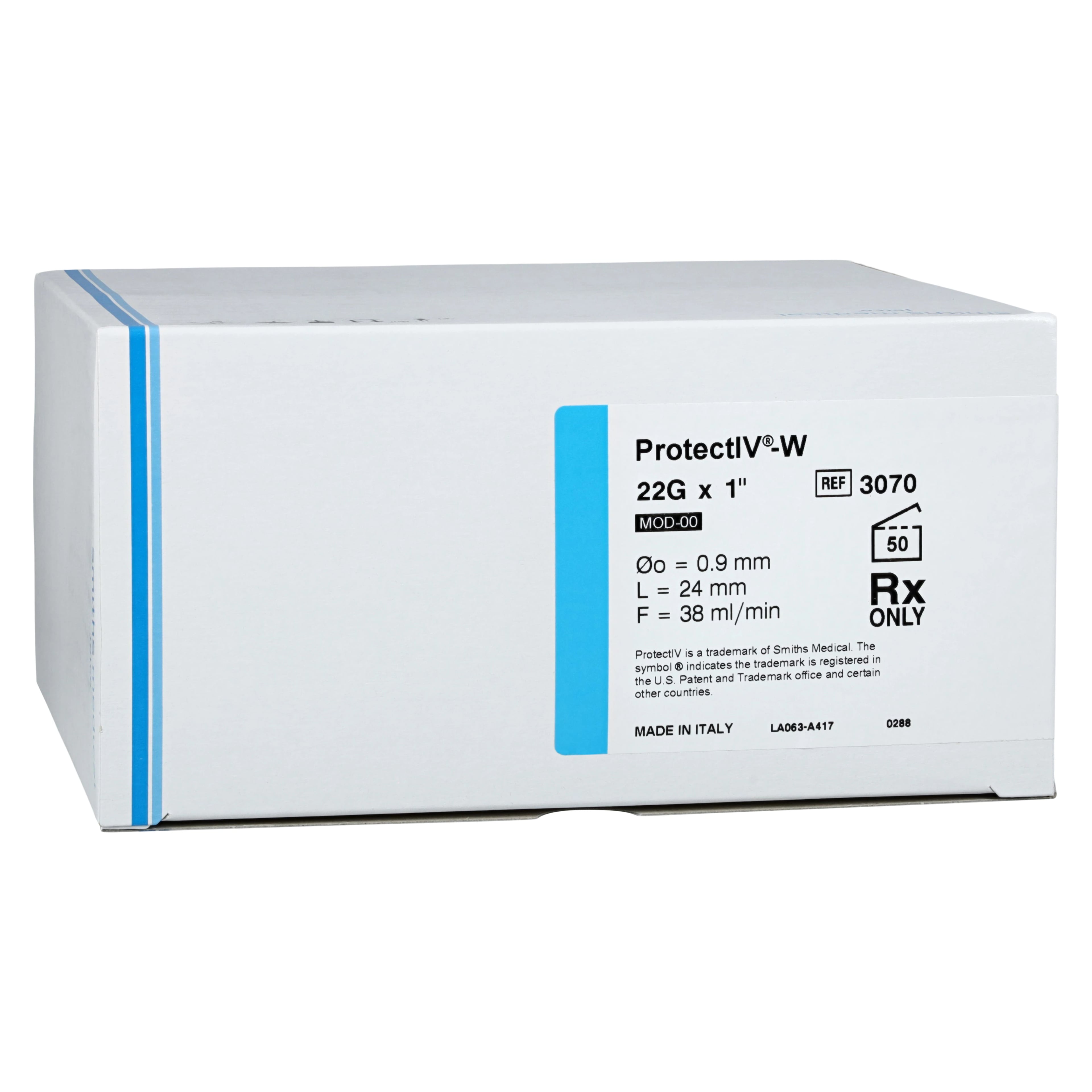 Jelco Protectiv-W IV Catheter, 22 Gauge, 1", Winged, Blue, Safety, Sterile, Latex-Free, 200/Case