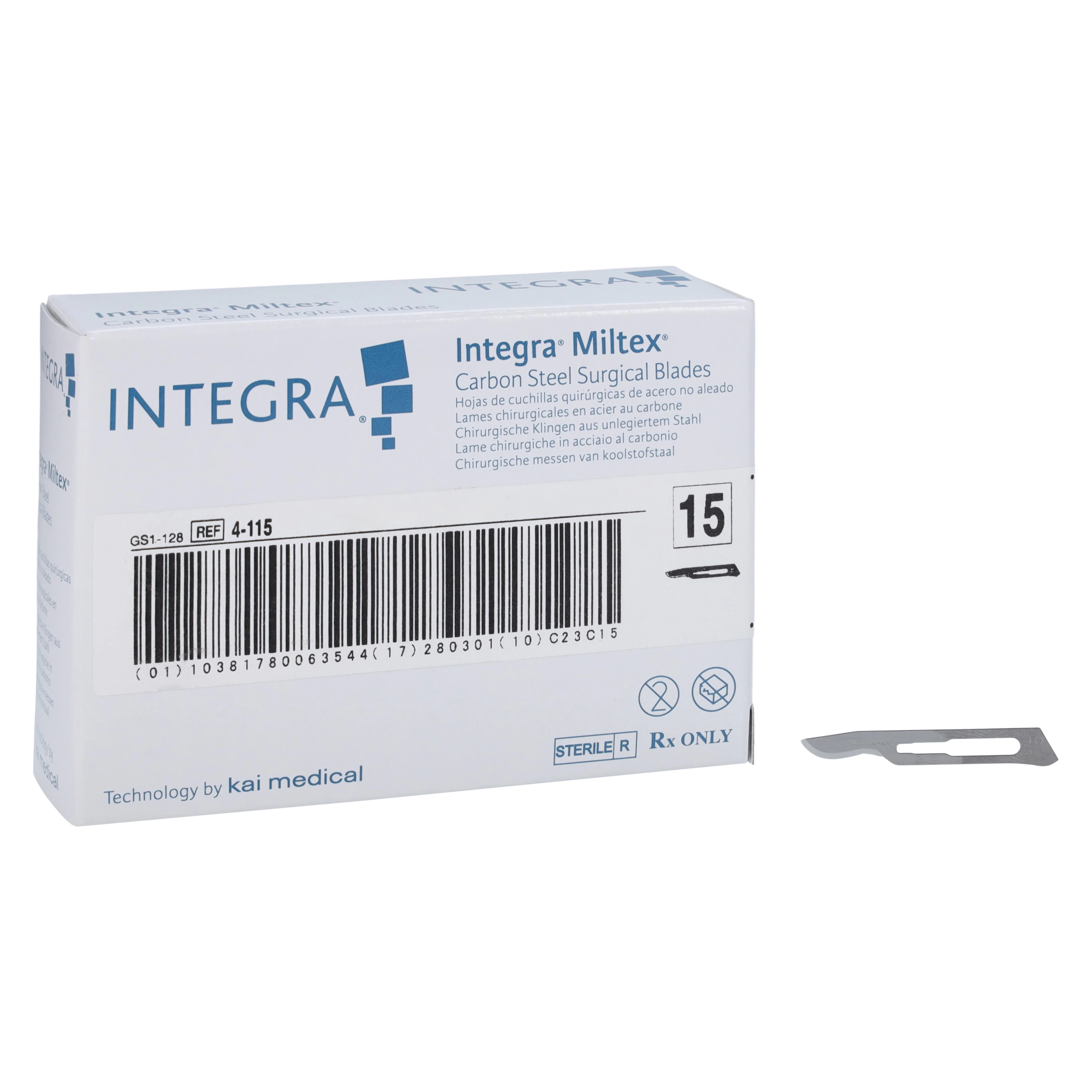 Miltex-Integra Carbon Steel Sterile Surgical Blade #15, Disposable, 100/Box