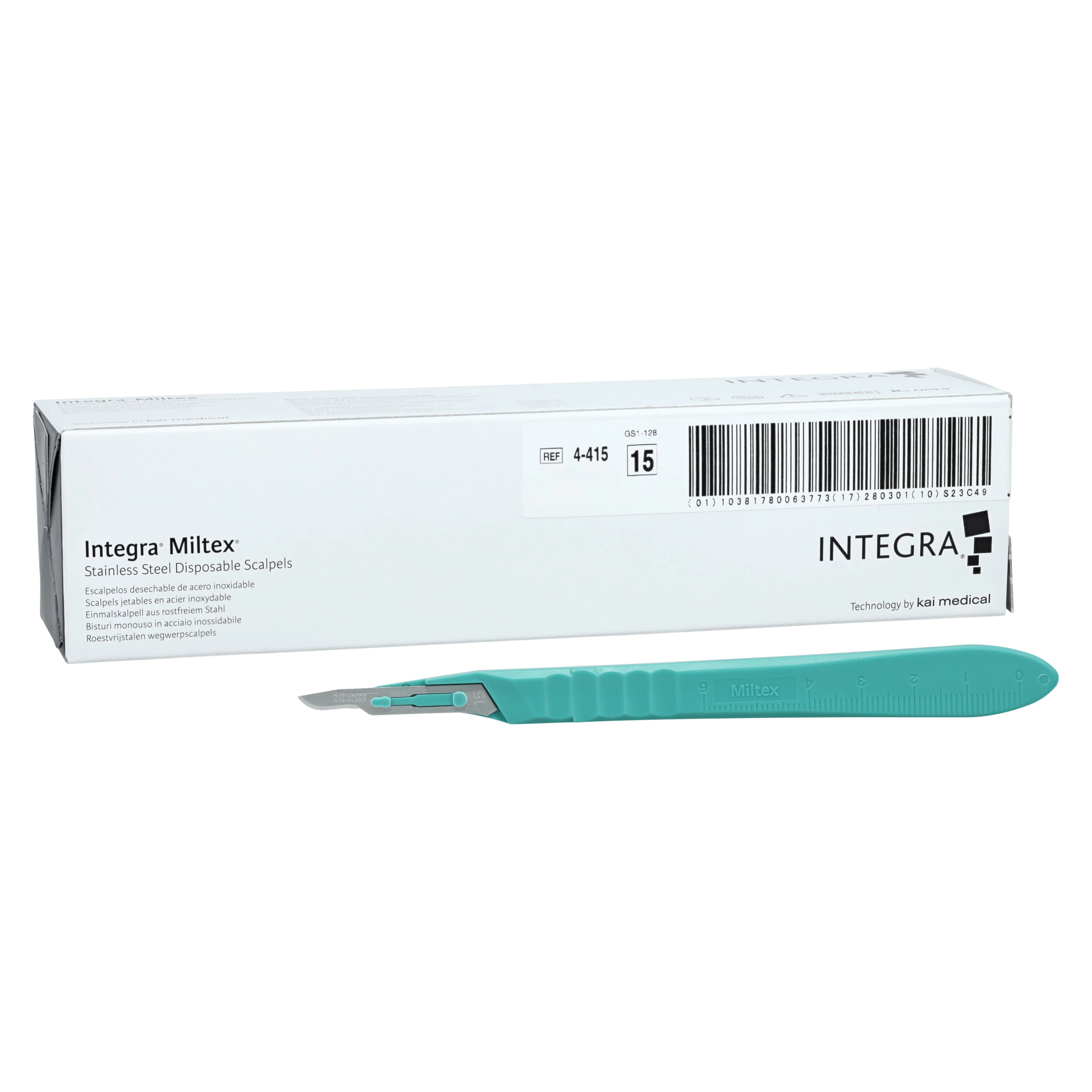 Miltex Integra Disposable Sterile Scalpel #15, Stainless Steel, Safety Sleeve, Green Handle, 10/Box, 4-415