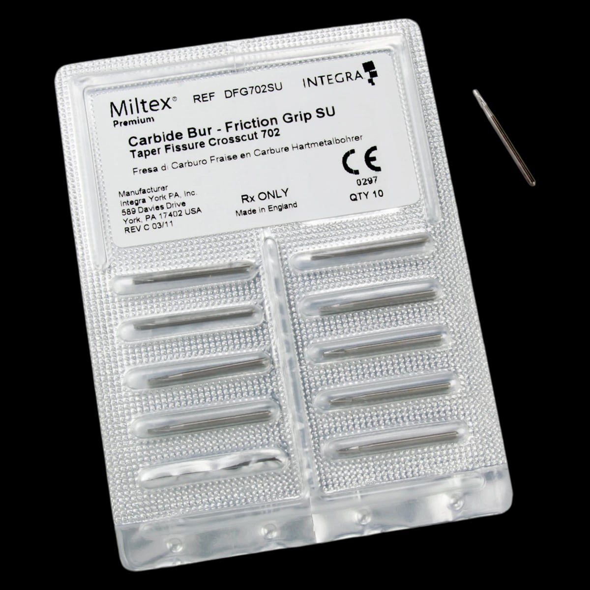 Miltex-Integra Carbide Surgical Bur FG 702, Crosscut Fissure Taper, Flat End, Surgical Length, 10/Pk, DFG702SU