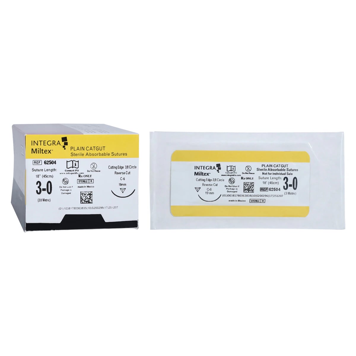 Integra Miltex Plain Gut Suture, 3-0, 18" (45 cm), C-6 Reverse Cutting 3/8 Circle Needle 19mm, Absorbable, Green, 12/Box