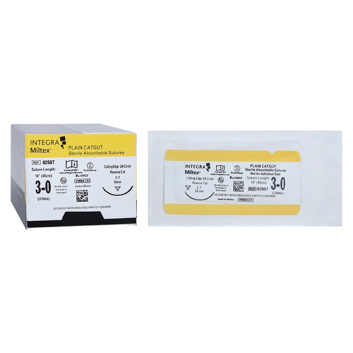 Integra Miltex Plain Gut Suture, 3-0, 18", C-7 Precision Reverse Cutting 3/8 Circle Needle 24mm, Green, 12/Box, 62507