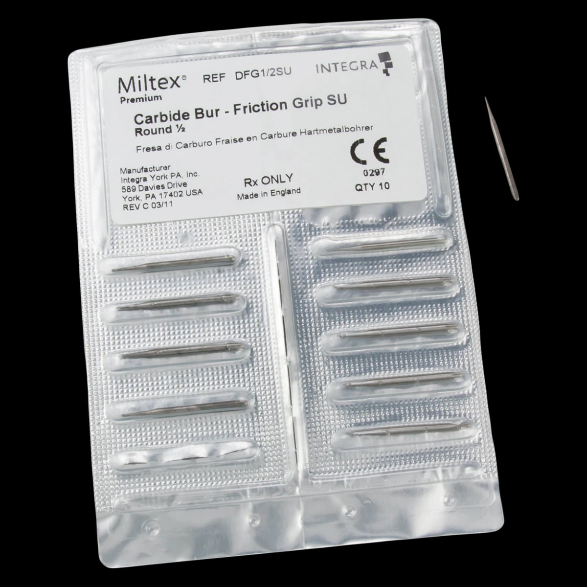 Miltex Tungsten Carbide Surgical Bur, Friction Grip, Round #1/2, Extra Long/Surgical Length, 10/Pkg, DFG1/2SU
