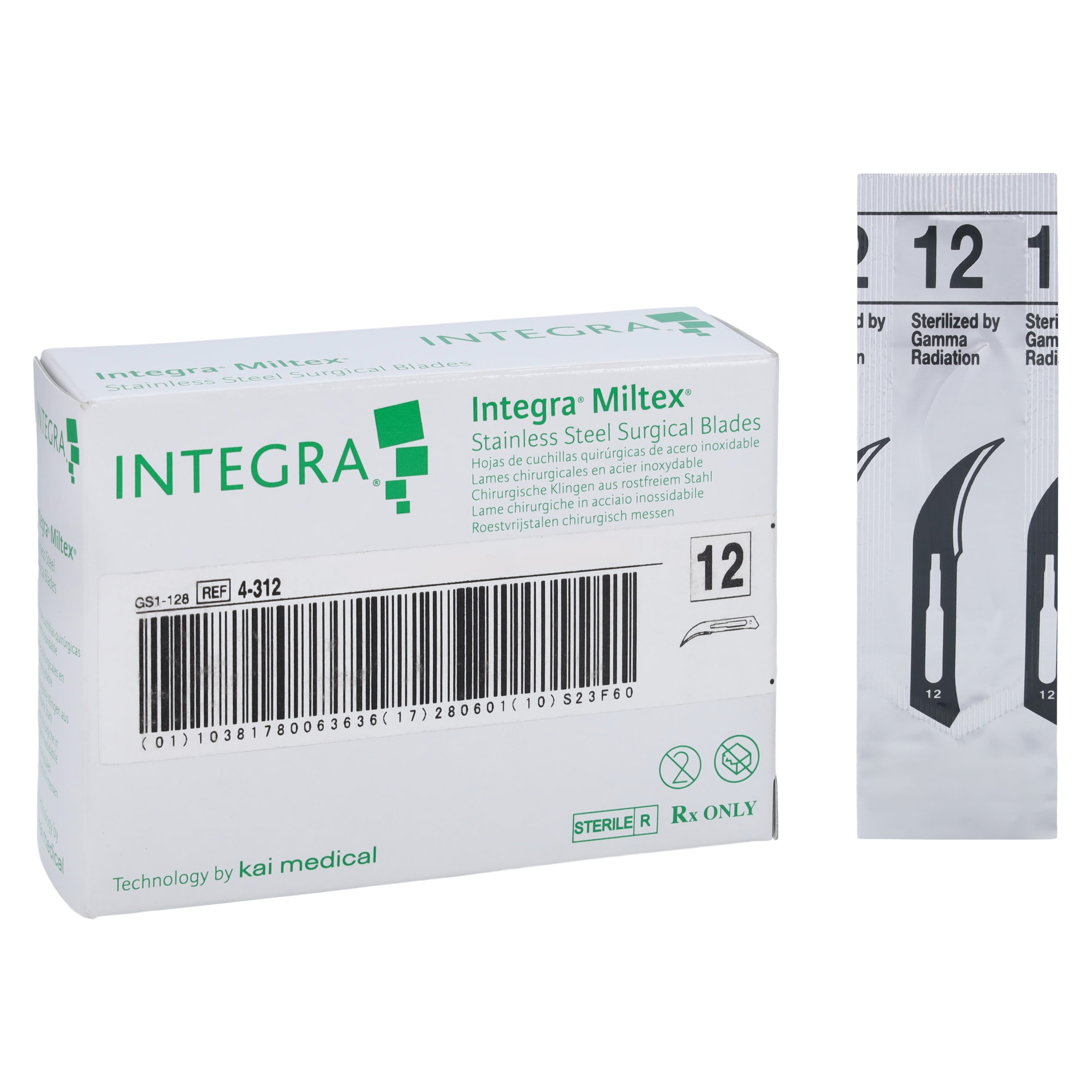 Integra Miltex Stainless Steel Sterile Surgical Blade #12, Disposable, 100/Box, 4-312