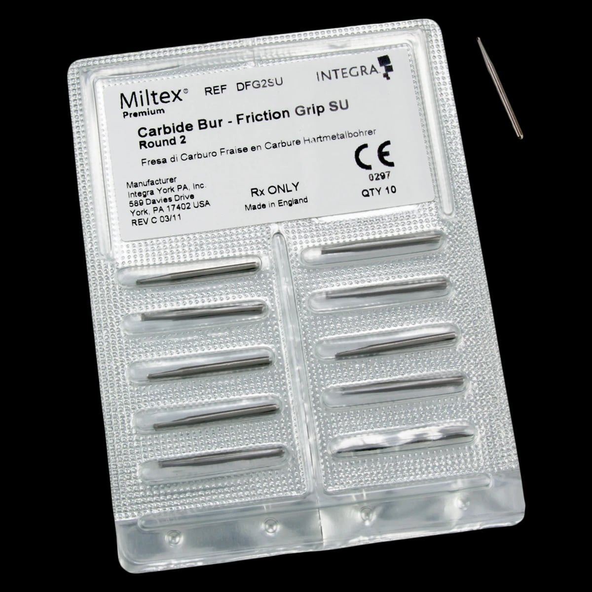 Miltex Tungsten Carbide Bur, FG Extra Long/Surgical, Round #2, 10/Pkg, DFG2SU