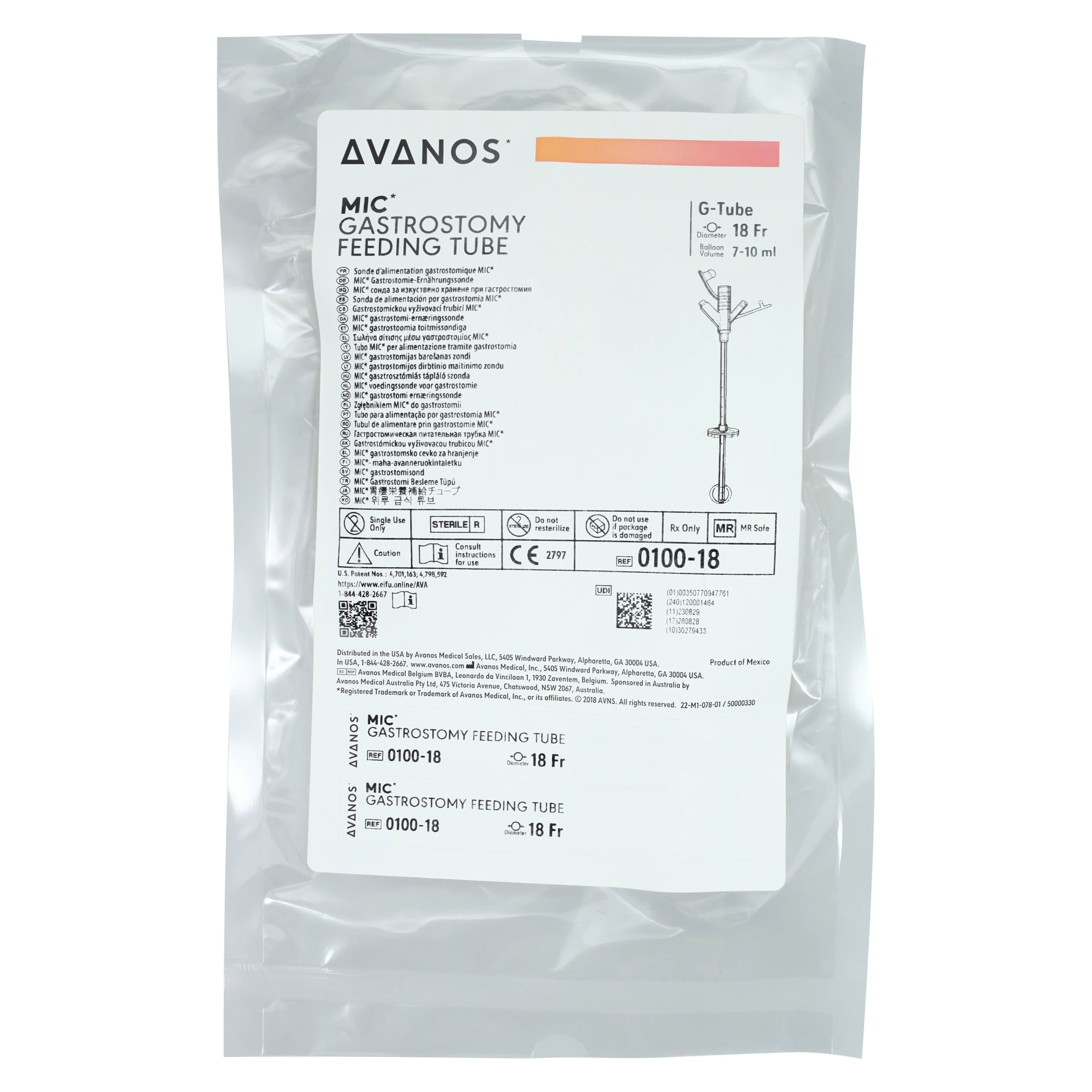 MIC Gastrostomy Feeding Tube, 18 Fr, 5 cm, Avanos Medical